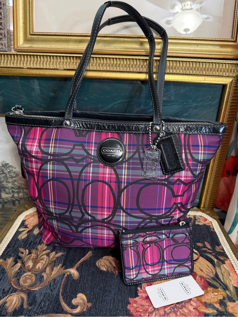 COACH Pink and Purple Plaid Signature Tote with Matching Wallet